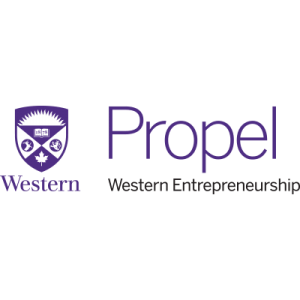 Batman Logo featuring Western University's coat of arms and the words Propel Western Entrepreneurship in purple